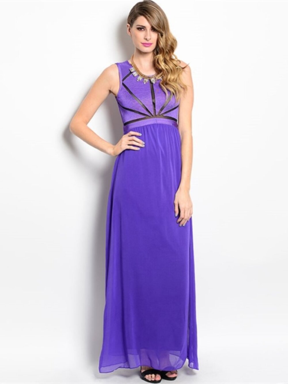 Wow Couture Chiffon Dress Sleeveless Round-Neck Cut Out Back, Purple